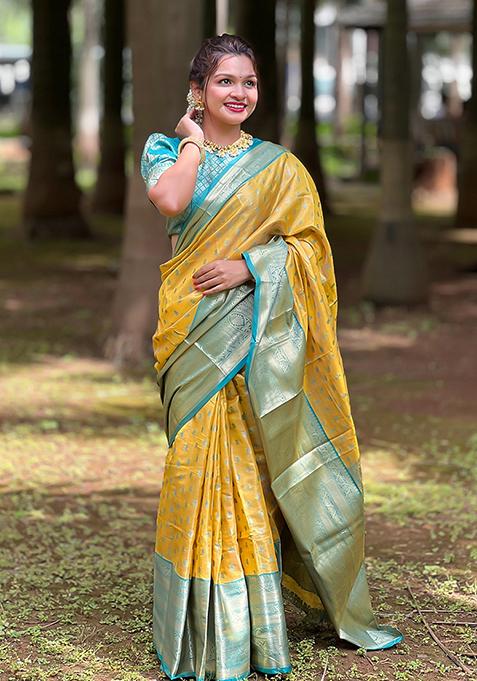 Yellow Zari Woven Tissue Silk Saree Set