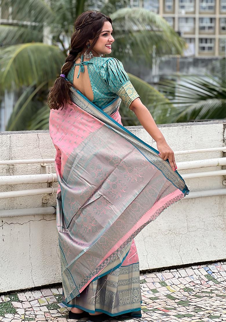 Pink Zari Woven Tissue Silk Saree Set