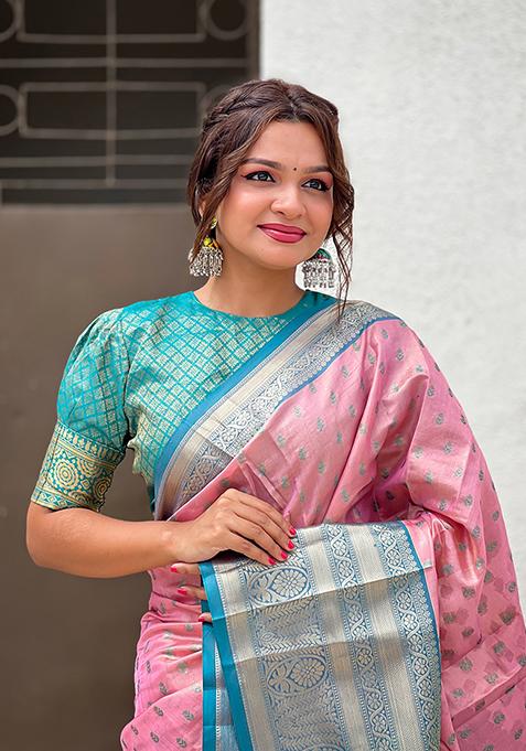 Pink Zari Woven Tissue Silk Saree Set