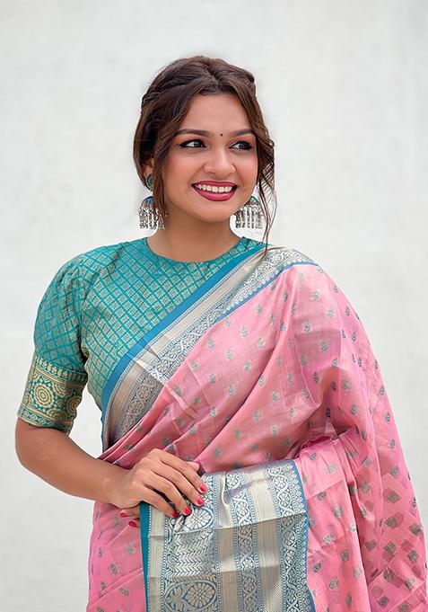 Pink Zari Woven Tissue Silk Saree Set