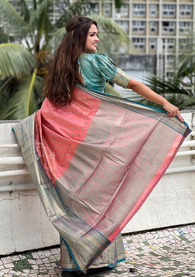 Rust Zari Woven Tissue Silk Saree Set
