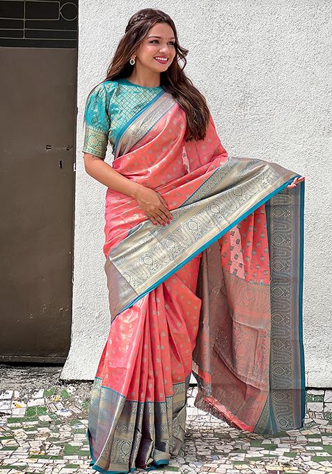 Rust Zari Woven Tissue Silk Saree Set