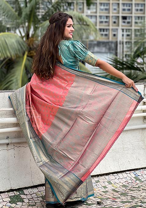 Rust Zari Woven Tissue Silk Saree Set
