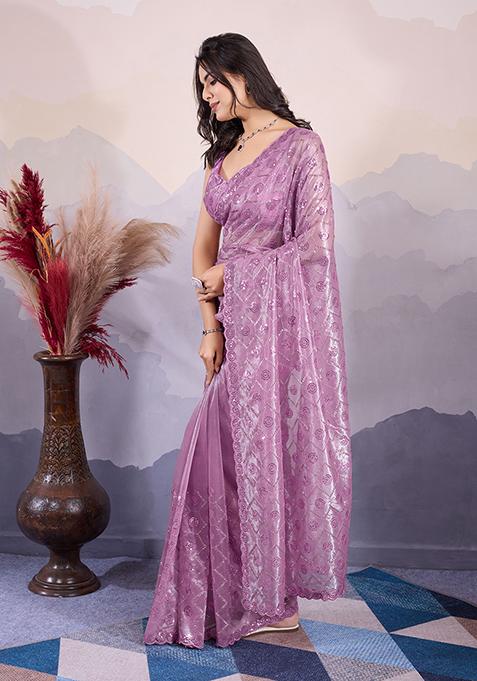 Purple Sequin Embroidered Twill Net Saree Set