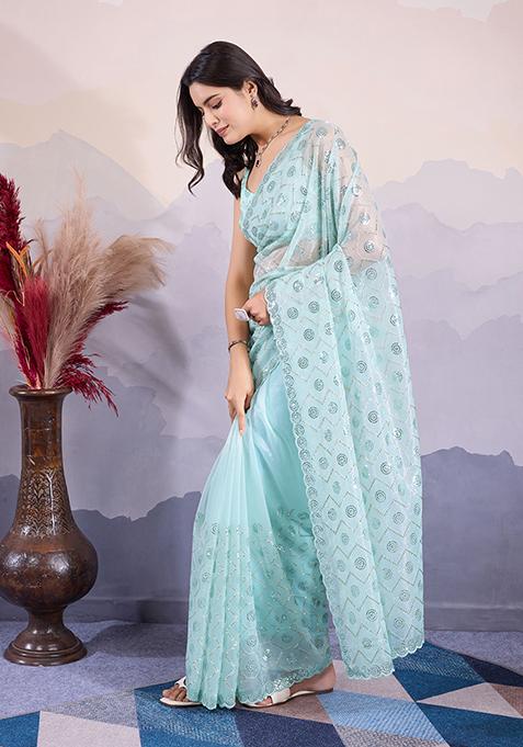 Sea Green Sequin Embroidered Twill Net Saree Set