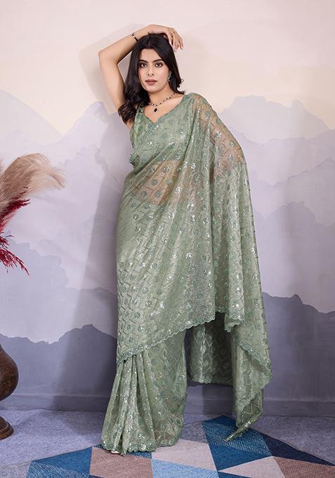 Green Sequin Embroidered Twill Net Saree Set