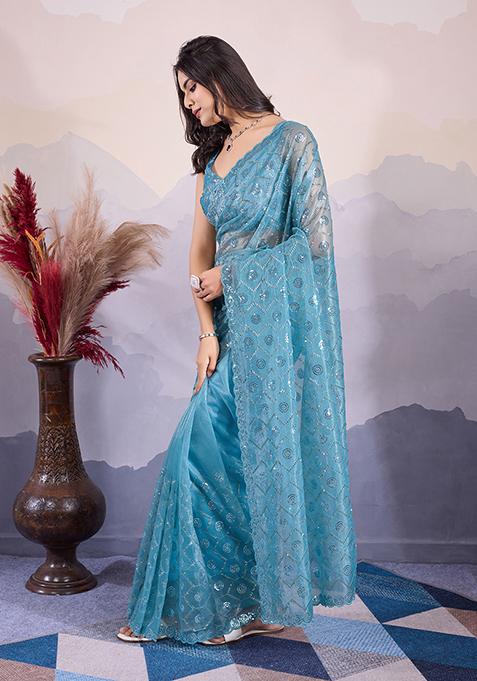 Blue Sequin Embroidered Twill Net Saree Set