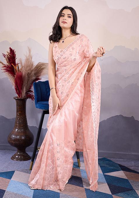 Peach Sequin Embroidered Twill Net Saree Set