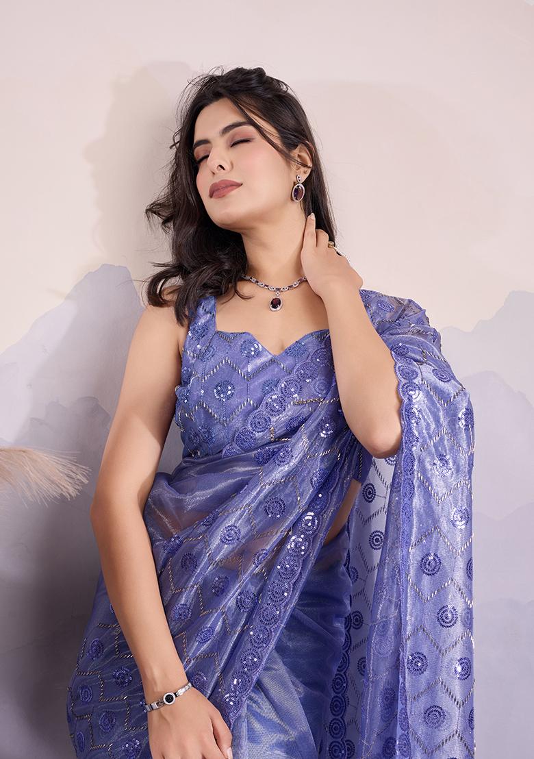 Lavender Sequin Embroidered Twill Net Saree Set