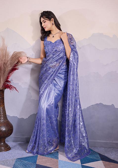 Lavender Sequin Embroidered Twill Net Saree Set