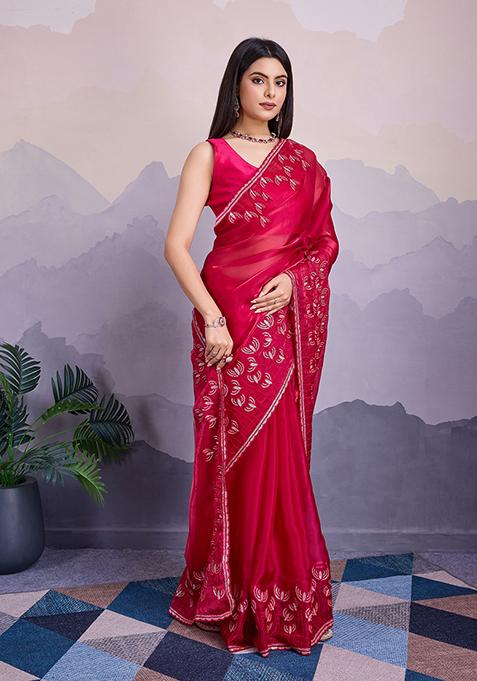 Pink Sequin Thread Embroidered Jimmy Silk Saree Set