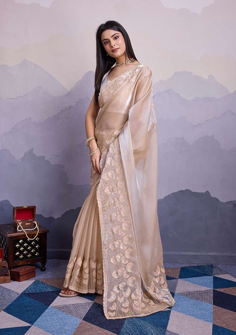 Beige Sequin Thread Embroidered Jimmy Silk Saree Set - Indya