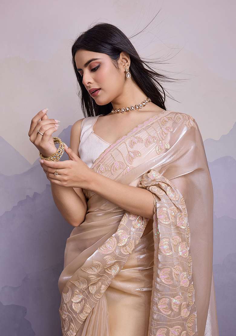 Beige Sequin Thread Embroidered Jimmy Silk Saree Set - Indya