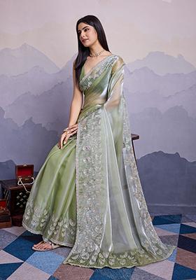 Pista Green Sequin Thread Embroidered Jimmy Silk Saree Set