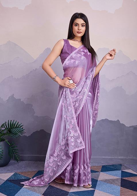 Lavender Sequin Thread Embroidered Jimmy Silk Saree Set