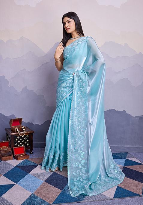 Sky Blue Sequin Thread Embroidered Jimmy Silk Saree Set