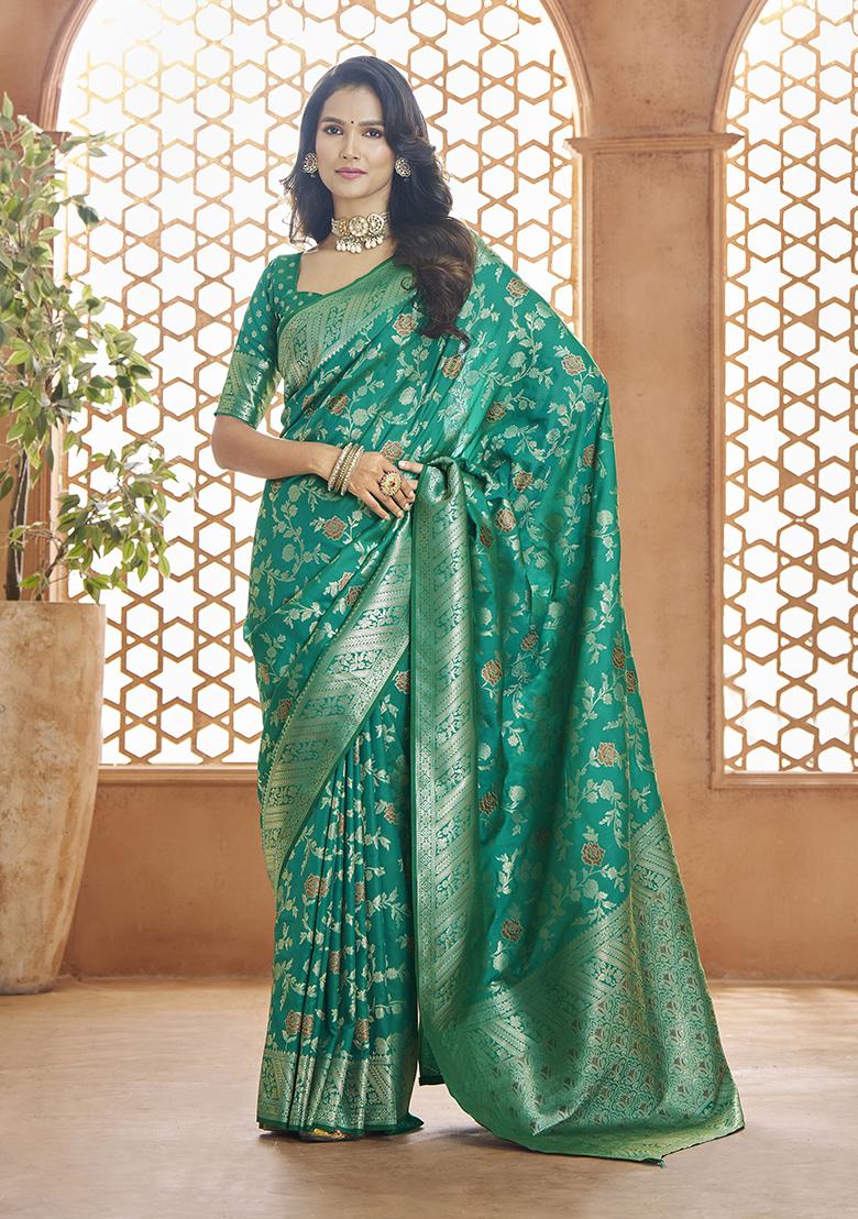 Pista Green Zari Woven Banarasi Silk Saree Set
