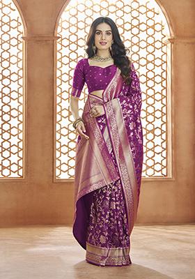 Purple Zari Woven Banarasi Silk Saree Set
