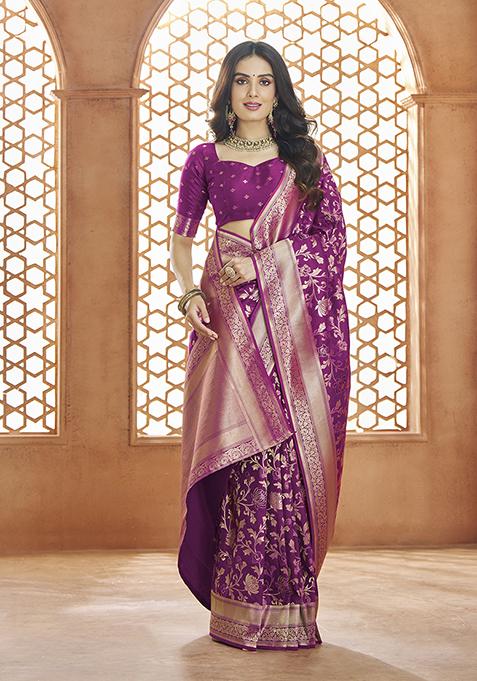 Purple Zari Woven Banarasi Silk Saree Set