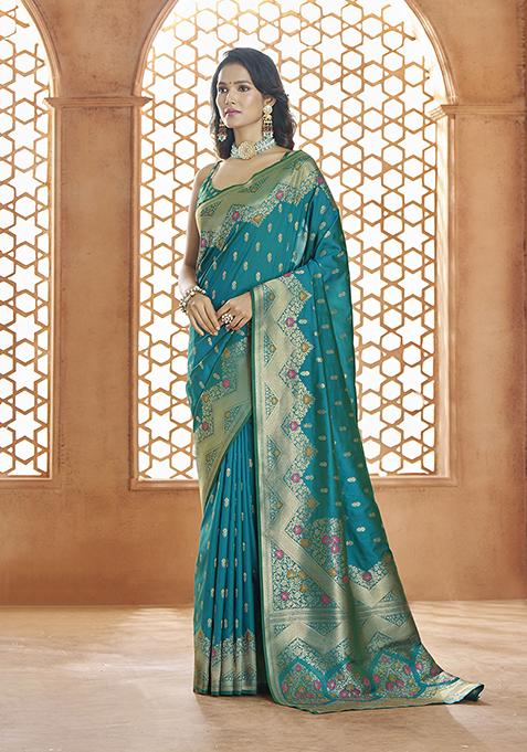 Blue Zari Woven Banarasi Silk Saree Set