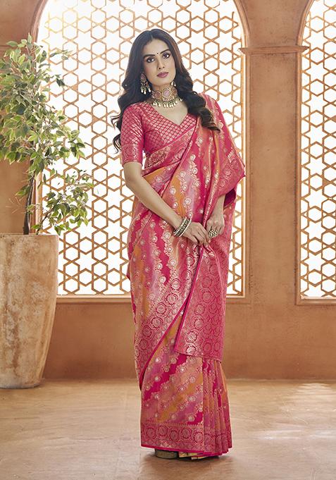 Pink Zari Woven Banarasi Silk Saree Set