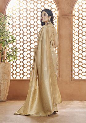 Beige Zari Woven Banarasi Silk Saree Set