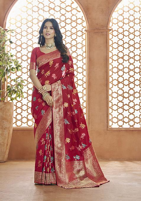 Red Zari Woven Banarasi Silk Saree Set