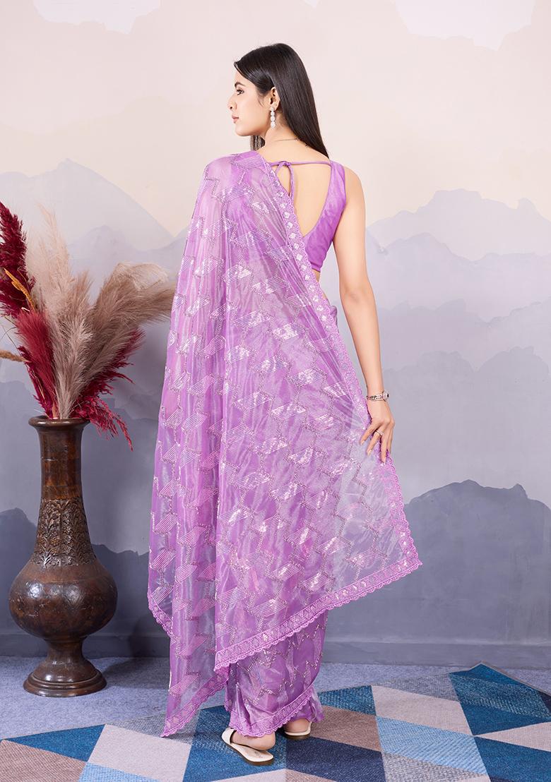Purple Sequin Embroidered Twill Net Saree Set
