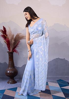 Sky Blue Sequin Embroidered Twill Net Saree Set