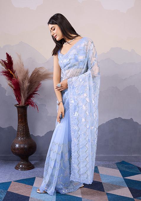 Sky Blue Sequin Embroidered Twill Net Saree Set