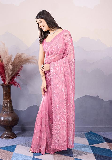 Pink Sequin Embroidered Twill Net Saree Set