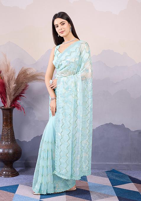 Sea Green Sequin Embroidered Twill Net Saree Set