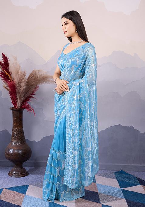 Blue Sequin Embroidered Twill Net Saree Set