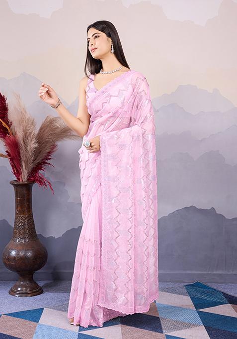 Peach Sequin Embroidered Twill Net Saree Set