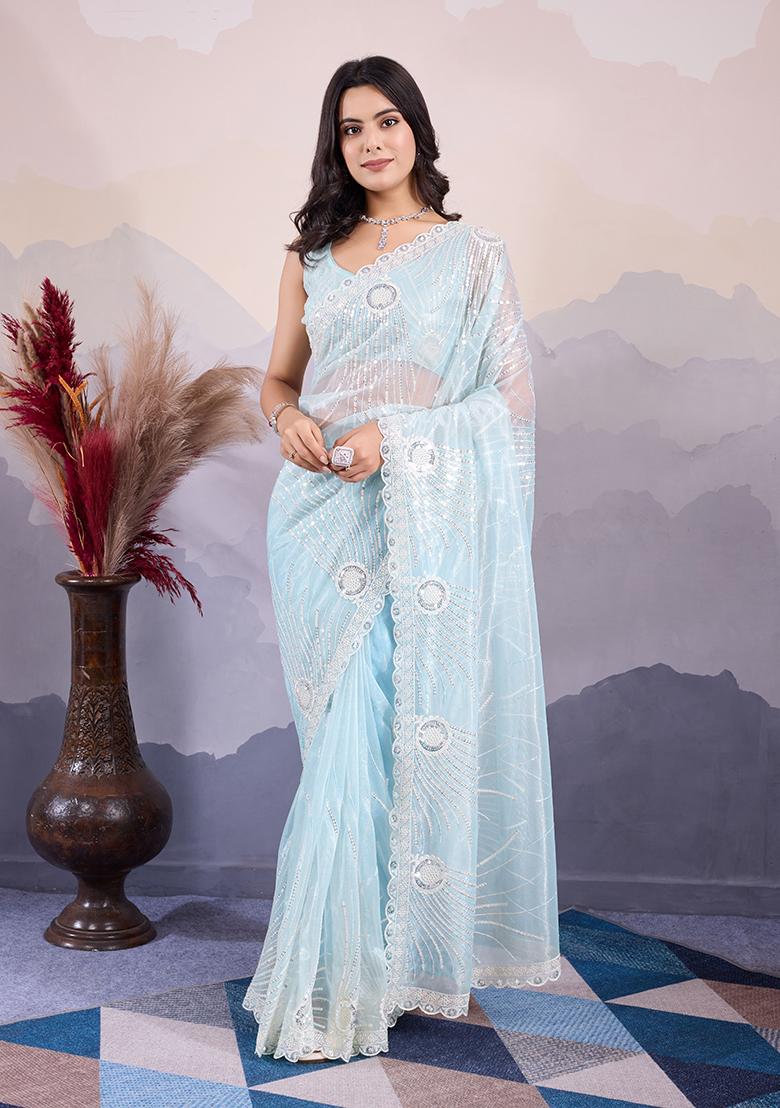 Sea Green Sequin Embroidered Twill Net Saree Set