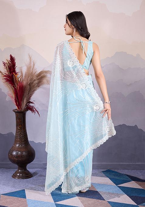 Sea Green Sequin Embroidered Twill Net Saree Set