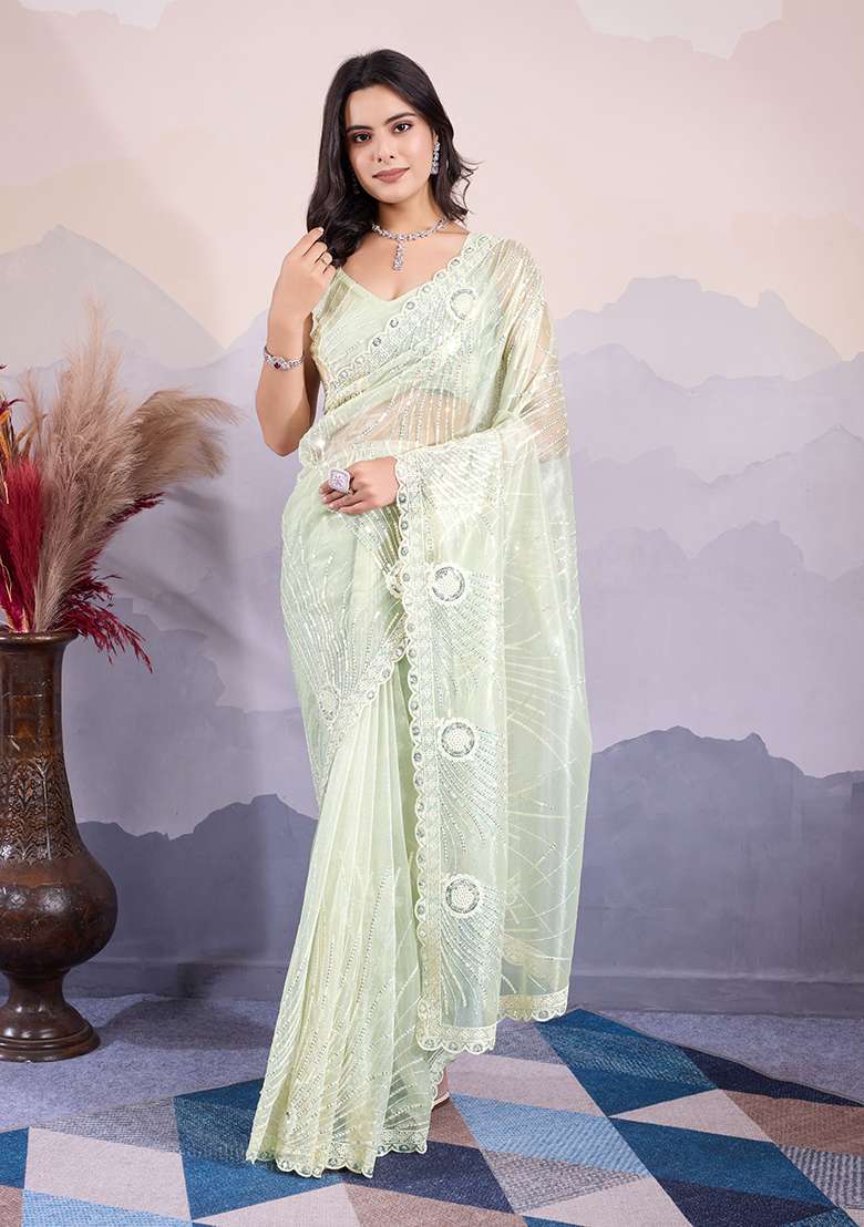 Pista Green Sequin Embroidered Twill Net Saree Set - Indya