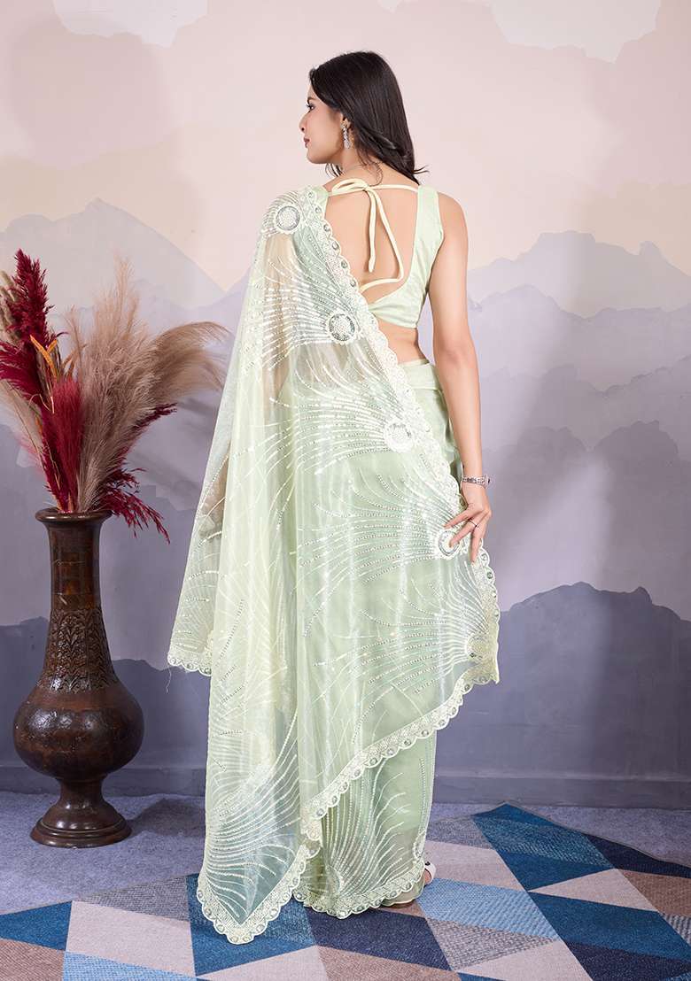 Pista Green Sequin Embroidered Twill Net Saree Set - Indya