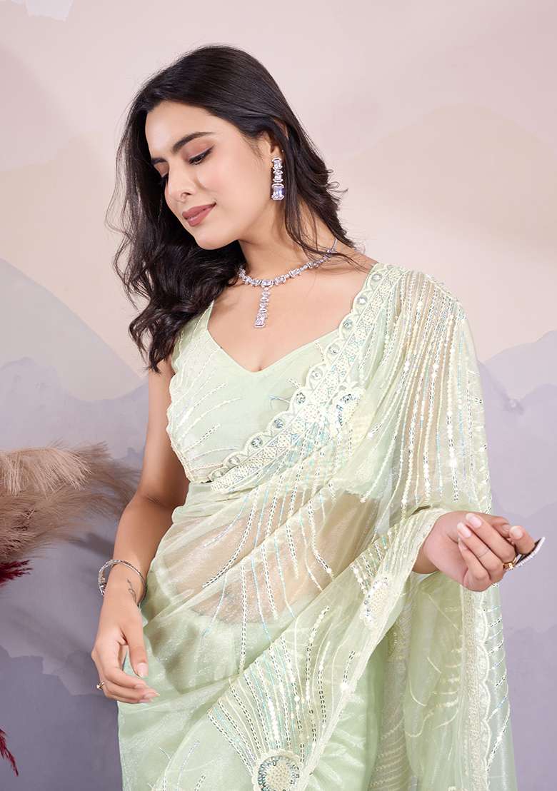 Pista Green Sequin Embroidered Twill Net Saree Set - Indya