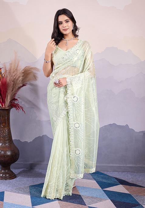 Pista Green Sequin Embroidered Twill Net Saree Set