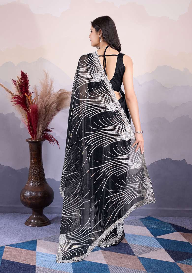 Black Sequin Embroidered Twill Net Saree Set - Indya
