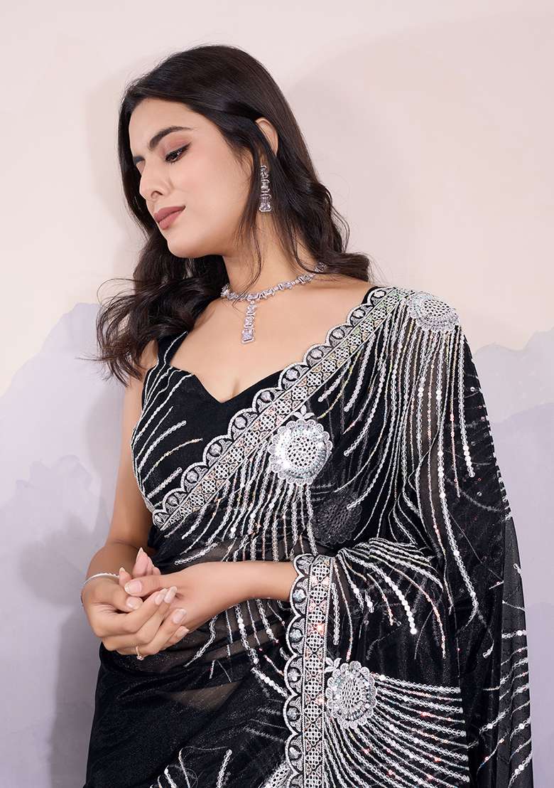 Black Sequin Embroidered Twill Net Saree Set - Indya