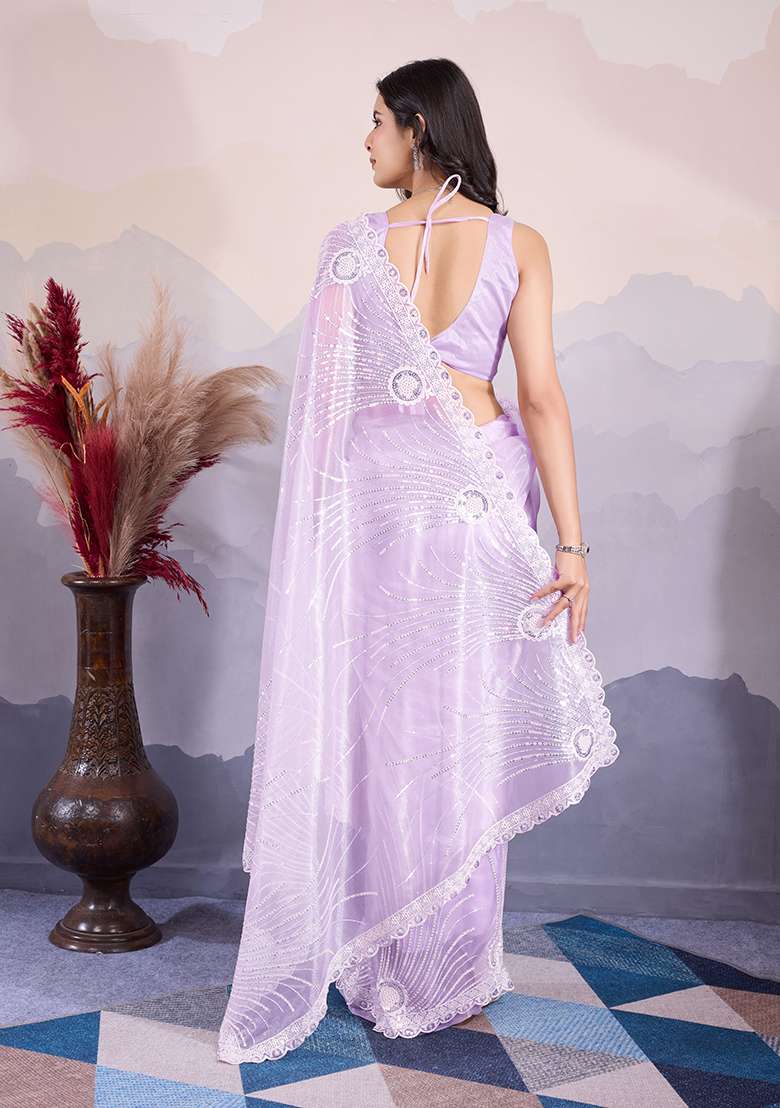 Purple Sequin Embroidered Twill Net Saree Set - Indya