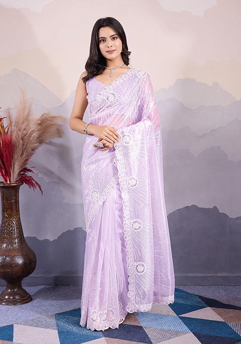 Purple Sequin Embroidered Twill Net Saree Set