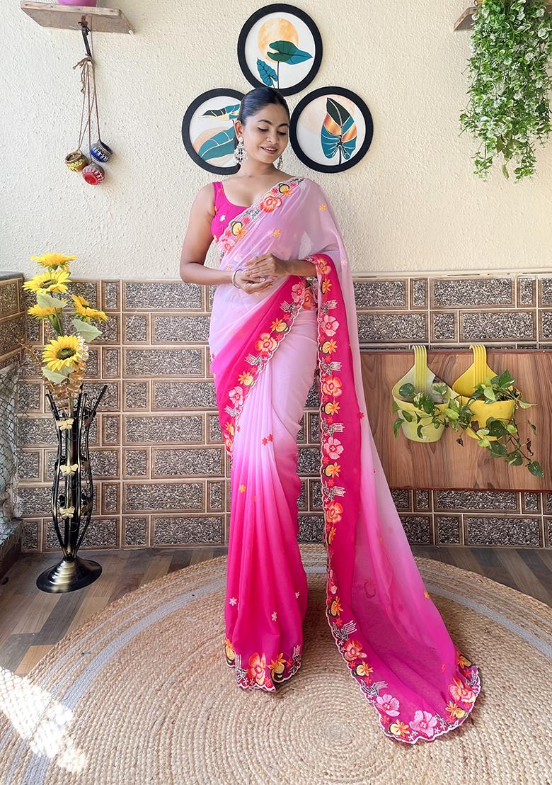 Pink Embroidered Georgette Saree Set