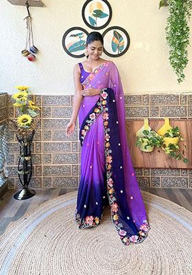 Purple Embroidered Georgette Saree Set
