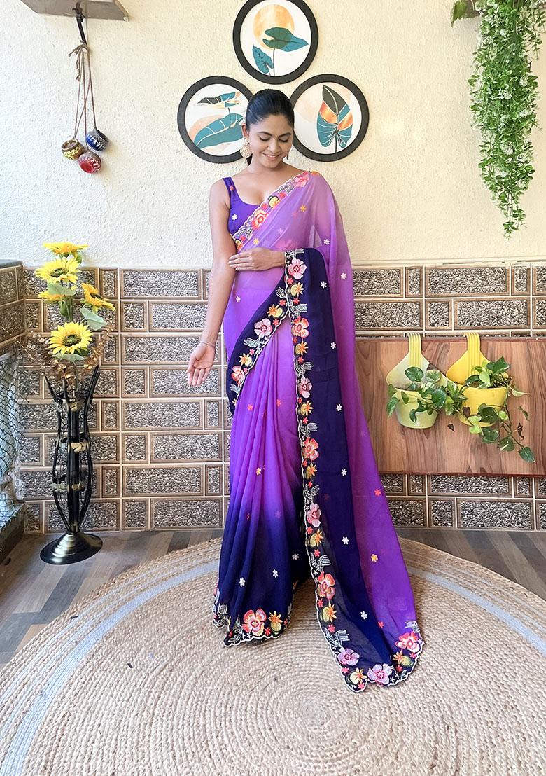 Purple Embroidered Georgette Saree Set