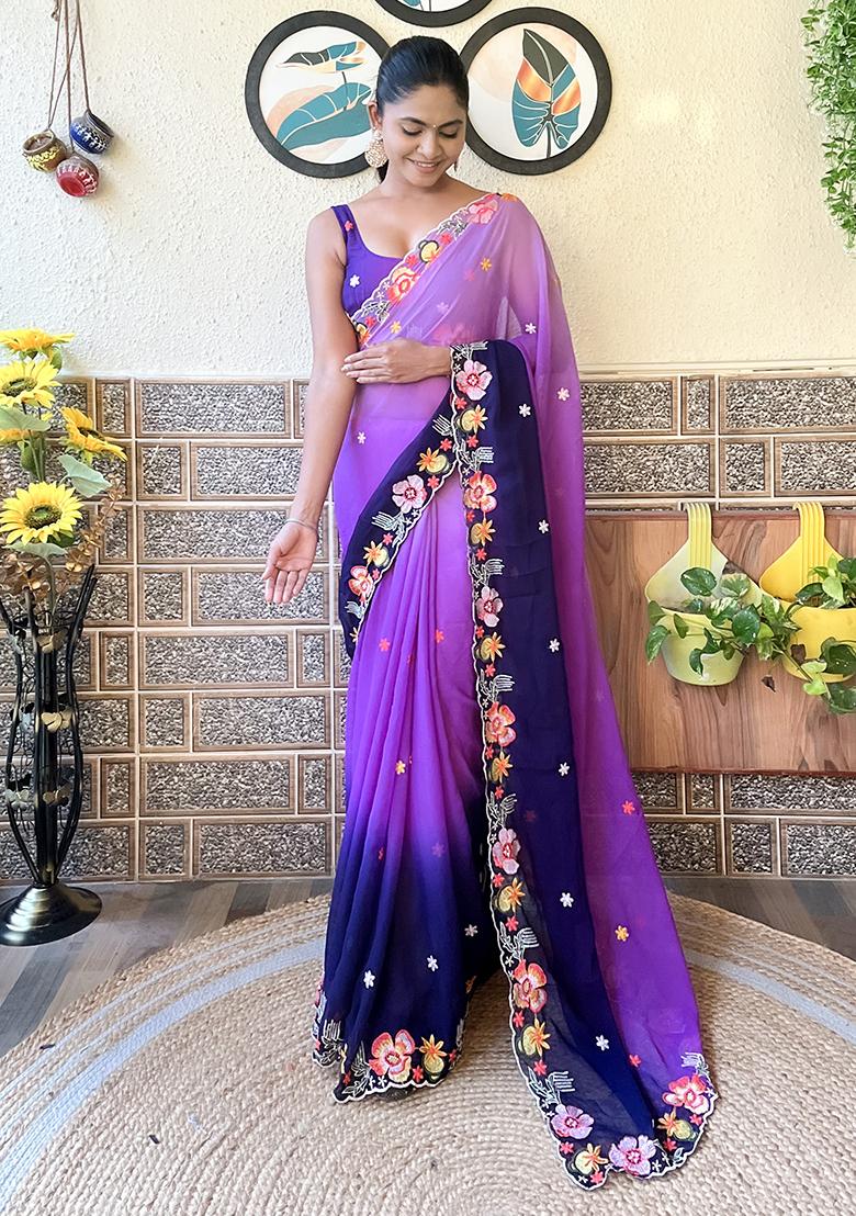 Purple Embroidered Georgette Saree Set