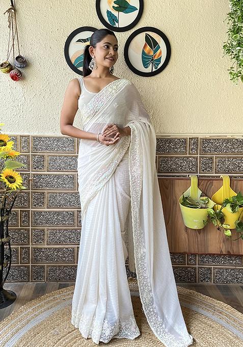 Off White Sequin Embroidered Georgette Saree Set