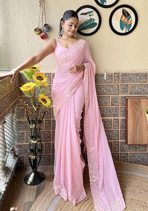 Pink Sequin Embroidered Georgette Saree Set